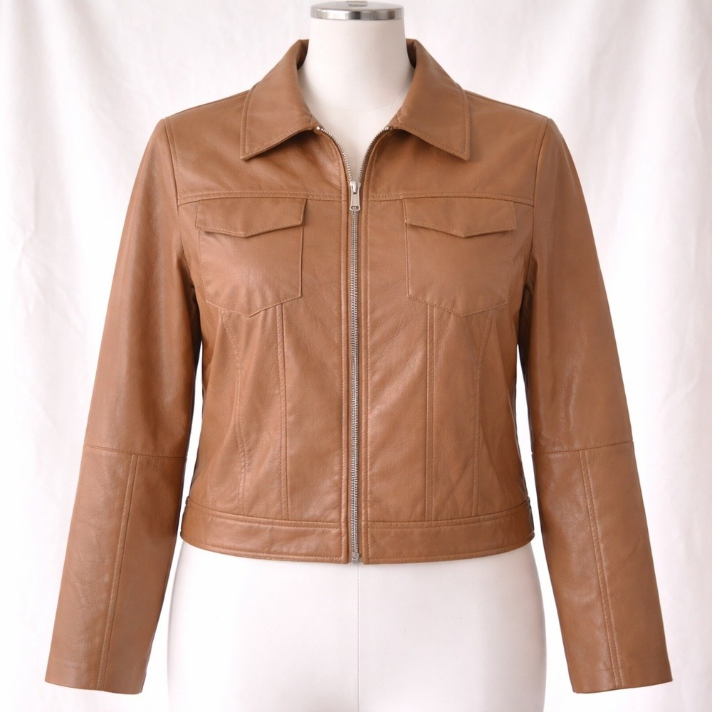 Elie Tahari Camel Tan Faux Leather Zip Front Trucker Jacket EH424050 NWT L